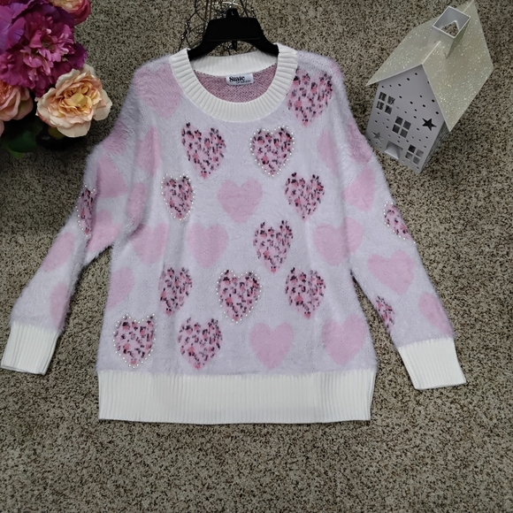3859 Size XL Leopard heart with pearls ribbed sweater pink. New With Tags - Picture 4 of 5
